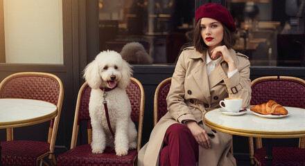 A stylish woman with her poodle dog at a Parisian cafe. Chic person in a red beret enjoying coffee. French lifestyle and travel concept.