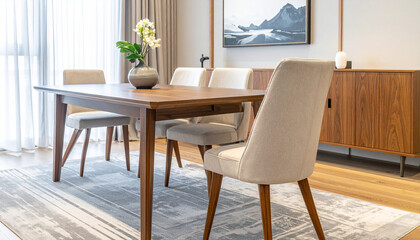Fototapeta premium A high-back dining chair with soft cushioned upholstery, styled around a dining table 