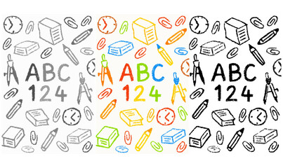 Childlike Classroom Icons, Playful School Doodles, ABC 124 Crayon Pattern, Kids’ School Tools and Letters, school doodles, hand-drawn school icons, ABC illustration, 123 numbers, playful classroom art