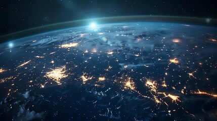 3D rendering of digital Earth globe map at night showcasing glowing city lights and illuminated continents on black background