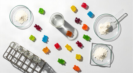 Gummy bear vitamins and supplement powder in laboratory glassware. Food science research and development concept. Top view flat lay on a white background.