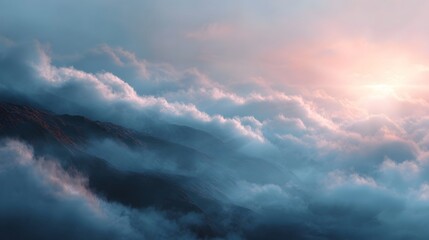 Majestic mountain landscape with glowing sunbeams piercing through ethereal clouds at dawn