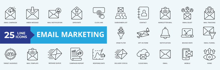 Email Marketing Icon Set illustration Vector with email campaign, inbox message, mail notification, open rate, click link,
