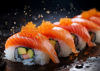 delicious fresh sushi rolls featuring salmon, avocado, and fish caviar; perfect for food photography, restaurant menus, recipe blogs, and gourmet digital projects
