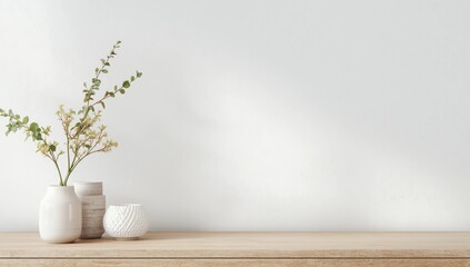 Home office, interior for bloggers workplace with white daffodils in a vase, office supplies on a light background