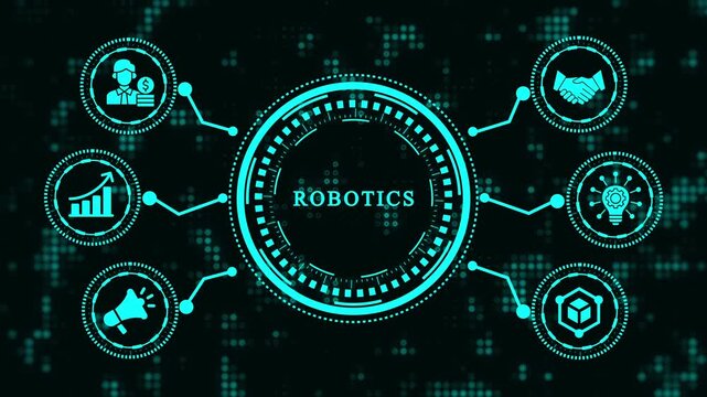 Robotics concept with icons representing different aspects of the field, such as automation, artificial intelligence, and machine learning, on a dark background with a digital pattern