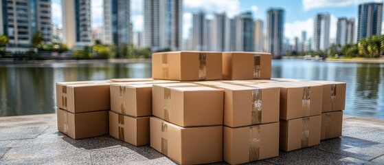 Urban Logistics: Cardboard Boxes by a City Lake