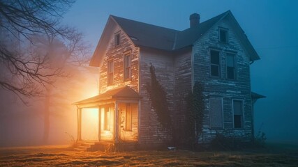 Abandoned wooden house in fog with glowing porch light - Powered by Adobe