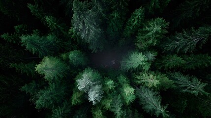 Aerial view looking straight down onto a dense green evergreen forest with a slightly darker area in the center