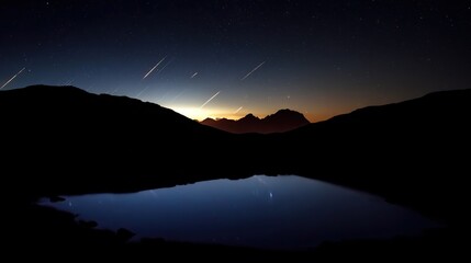 meteor. Vibrant meteor trails painting the night sky, mirrored perfectly in a tranquil alpine lake. travel magazines, destination branding, designed for outdoor magazines and nature guides.