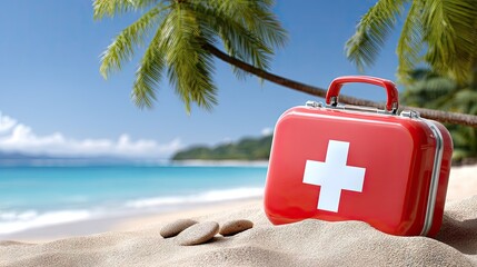 First aid kit resting on sandy beach under palm trees near clear blue water during sunny day