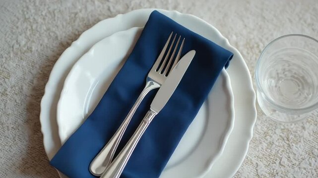 Elegant table setting with white plates, blue napkin, and silverware for formal event
