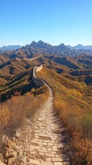 Majestic Panorama: The Great Wall of China Winding Through Autumnal Mountains