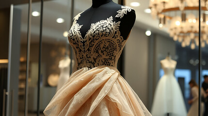 The evening gown on the mannequin, adorned with intricate lace and flowing layers, epitomizes luxury and grace,