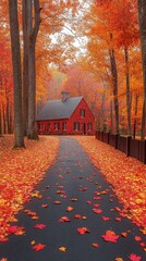 Autumnal Red House Path: A Serene Fall Scene