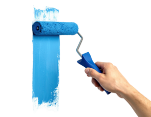 A hand holds a paint roller, applying a vibrant blue paint to a surface