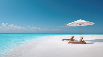 Fototapeta premium Tropical Beach With Two Sunbeds and Umbrella