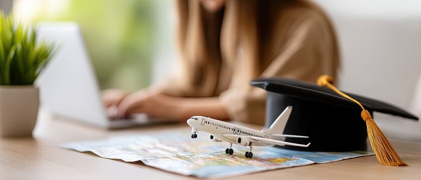 Planning a graduation trip with a model airplane and map on a desk while using a laptop