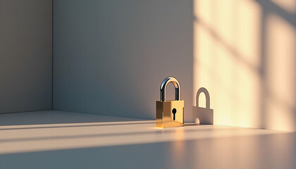 Golden padlock in a minimalist setting, casting shadows on the wall