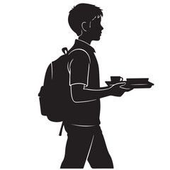 Silhouette of a Young Person with a Backpack Carrying a Tray with a Cup and Food