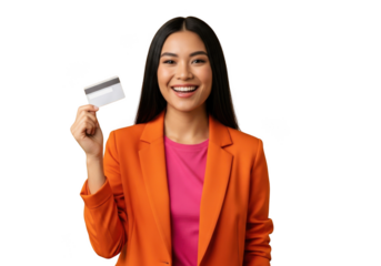 Smiling asian woman holds credit card ready for purchases online and in-store transactions isolated on transparent background