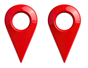 Two glossy, red map markers, isolated on black