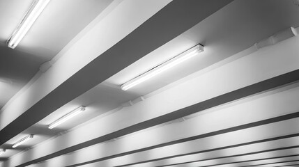 Fluorescent lights illuminating a multi-layered ceiling.