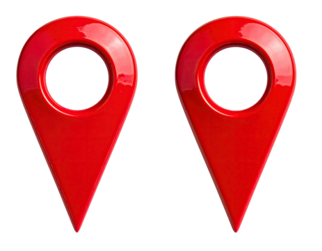 Two glossy, red map markers, isolated on black