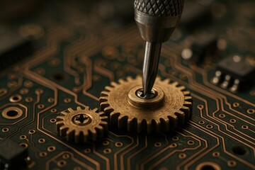 professional tool instrument efficiency concept. Close-up of a gear being adjusted on a circuit board.