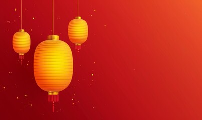 Obraz premium Yellow lantern floating on red background with long string, minimalist vector illustration in high-saturation colors for Chinese New Year celebration atmosphere.