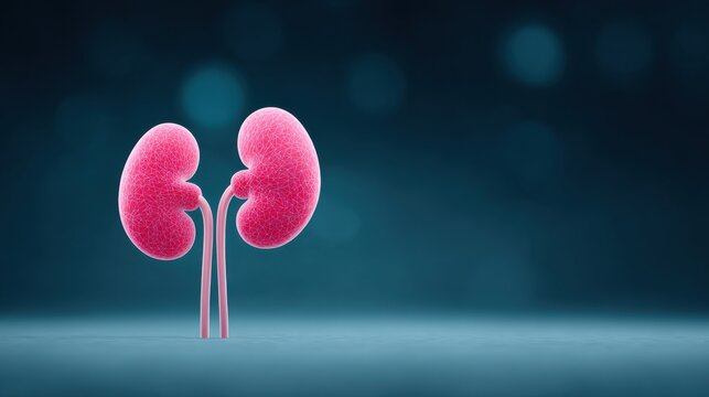 A pair of kidneys are shown in a close up on a blue background