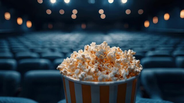 A large tub of warm popcorn sits in the foreground of a dimly lit movie theater. Rows of empty seats stretch out in the background, creating a cozy atmosphere for the film