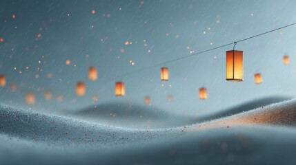 Panoramic soft-focus snowy hills with floating warm lantern glows, abstract Christmas mood, smooth gradients, wide cinematic layout