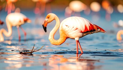 Pink flamingo wading in shallow water