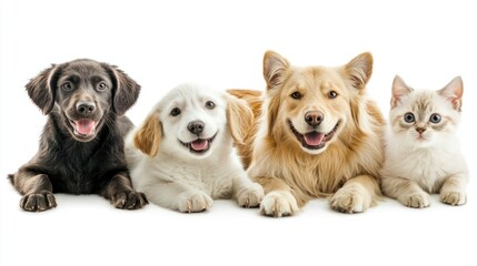 Fototapeta premium Adorable Pets Posing Together: A Golden Retriever, Two Puppies, and a Kitten