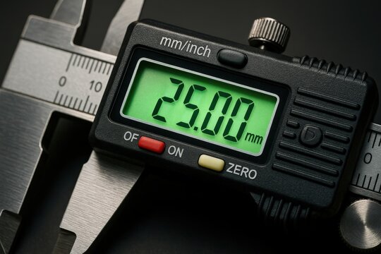 professional tool instrument efficiency concept. Digital caliper displaying measurement in millimeters.