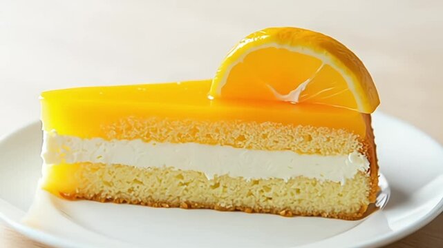 Delicious orange cake slice with jelly topping and fresh orange decoration on plate