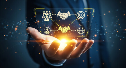 Hand presenting a futuristic interface with symbols of teamwork, partnership, target, and global network, representing business solutions.