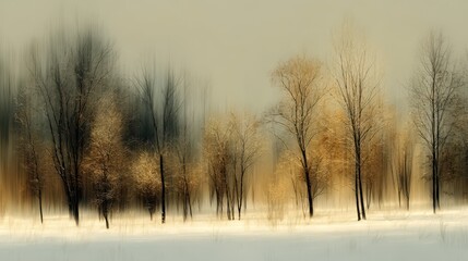 Soft-focus snow-laden trees with subtle golden light, abstract winter scene, panoramic wide composition, smooth gradients, dreamy backdrop