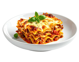 Lasagna dish on a white plate.  Melted cheese on top,  layers of pasta and meat sauce