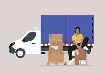 A cargo expeditor is sorting and organizing packages next to a white delivery van in an urban setting, The scene captures the hustle of logistics work during the day.