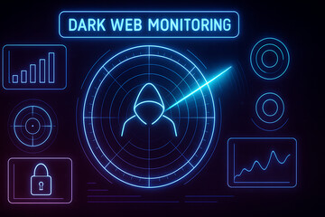 Obraz premium Dark web monitoring cybersecurity hacker detection radar hooded figure neon interface glowing data visualization futuristic digital security technology network threat protection cybercrime analysis