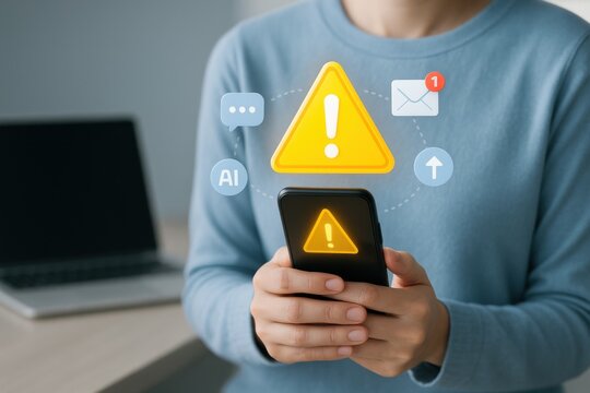 Person holding smartphone with holographic warning alert icons digital mobile notification and cybersecurity risk
 - Powered by Adobe