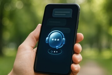 Hand holding smartphone with glowing chatbot ai assistant support icon digital communication interface
