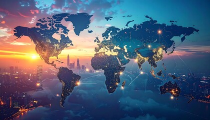A stylized world map overlaid on a cityscape at sunrise, showing global connections