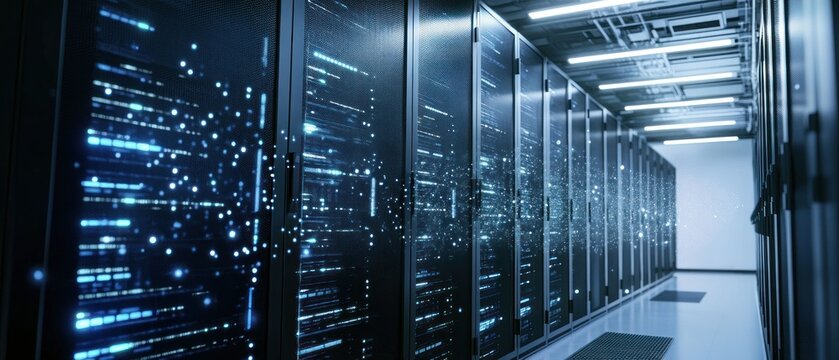 High-Tech Server Room: Data Center Infrastructure, Digital Technology and Network Systems - Powered by Adobe