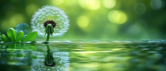 Serene Dandelion Reflection in a Calm Green Lake