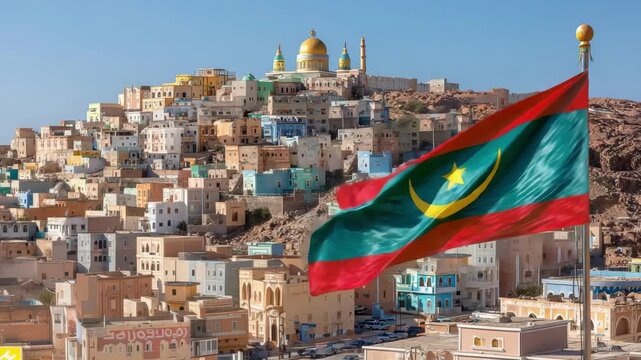 The Mauritania flag proudly waves in the wind at sunset, celebrating Independence Day in the capital city. - Powered by Adobe