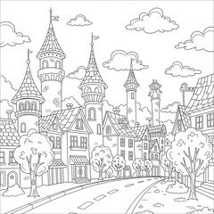 Naklejka premium Fantasy cityscape coloring page. Detailed cartoon medieval city illustration. A magical street scene with towering spires, half-timbered houses, and winding road. Fun activity for children.