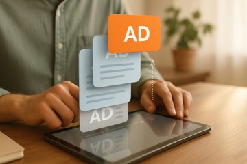 Person using tablet with holographic digital ads marketing interface online advertising technology concept
